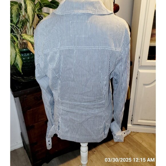 Live A Little Jacket Women's Size XL Button Down Navy Blue White Striped L/S - Picture 2 of 4